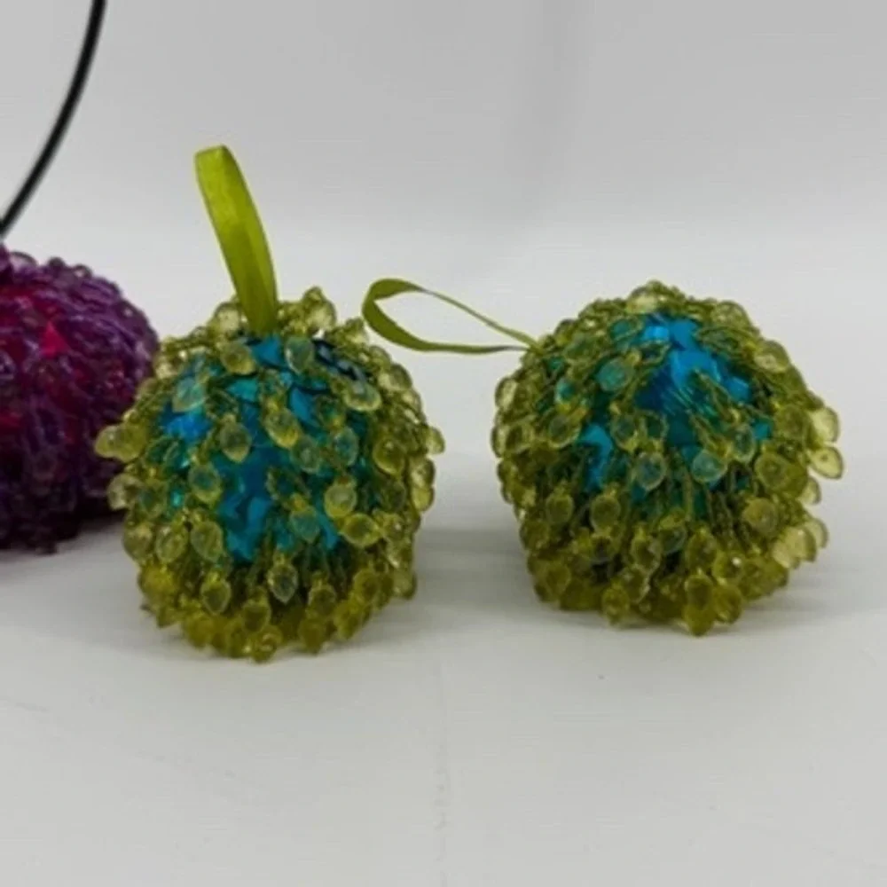 Pier 1 Beaded Bauble Ornaments‎ Set of 4 Purple Blue Green Festive Decor